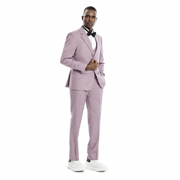 Men's Pinstripe 3-Piece Suit w/ Double Breasted Vest, Dusty Rose - Picture 6 of 8